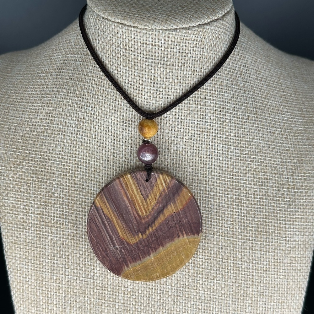 Polished Wood Pendant Necklace; Purple Mica, Palo Santo, and Silver Accent Beads